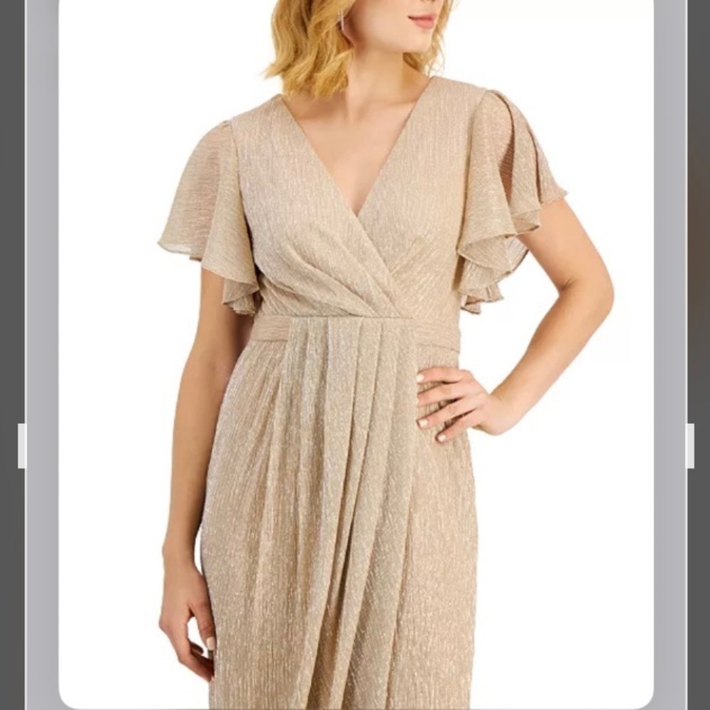 BETSY & ADAM Shimmer V-Neck Flutter Sleeve Gown in Gold/Silver - Picture 2 of 5